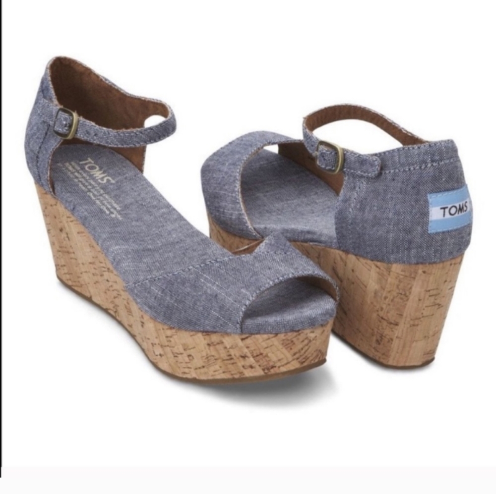 Toms | Chambray Blue Cork Wedge Buckle Platform Sandals Womens Size 7.5
